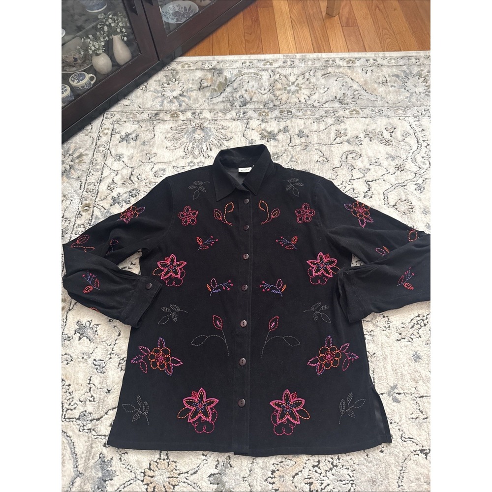Koret Button Up Shirt Size Small Embroidered Floral Black Faux Suede Top